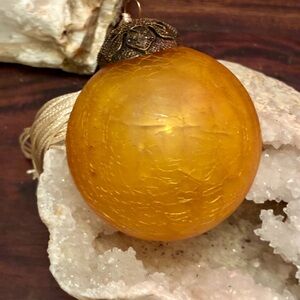 💛 Vintage Amber Kugel Ornament — Mercury Glass with Tassel-3” round